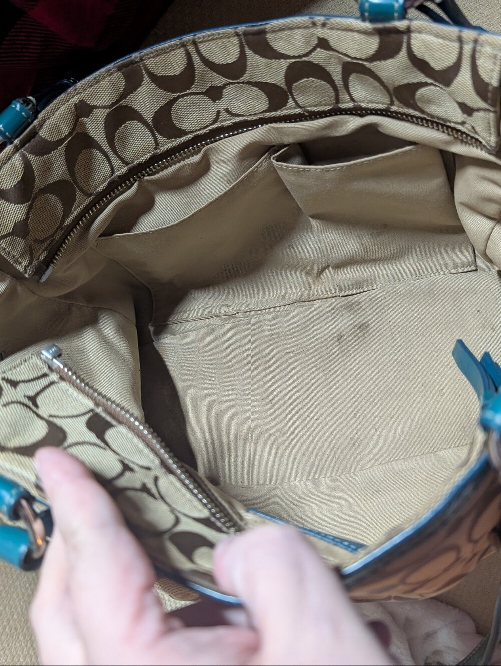 Vintage Y2k Coach Brown Signature Shoulder Bag with Teal Trim - Picture 8 of 10